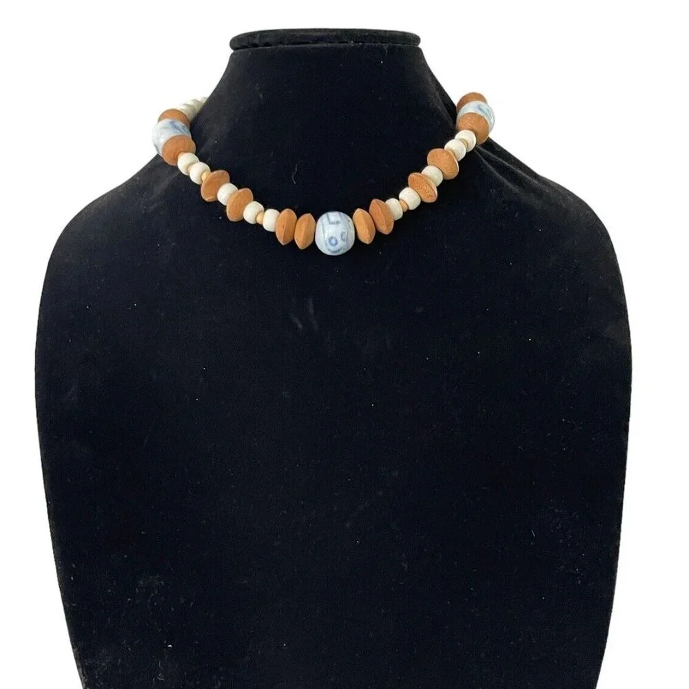 Vintage Handmade Chunky Wooden Beaded‎ Choker Collar Painted Porcelain Necklace